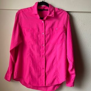 Vintage hot pink long sleeve button down polyester shirt by Ashleigh Morgan